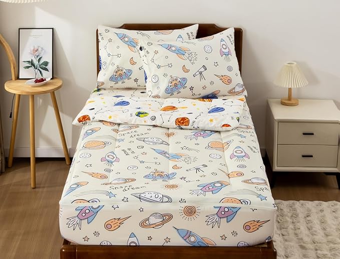 Meeting Story 3pcs Kids Comforter Set Zipper Bedding Set,Twin Space Bedding Set Comforter Set for Kid,All in one Zipper Bedding（Beige,Twin）