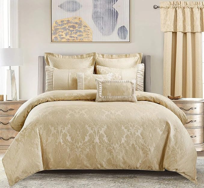 Luxury Egyptian Bed N Bag 8PC Sara Beige Duvet Cover Set Plus Down Alternative Insert, Full/Queen