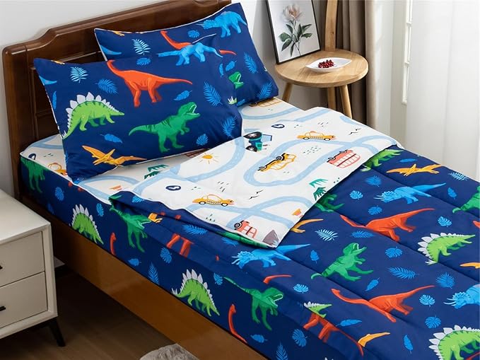 NTBED Dinosaur Printed Zipper Bedding Sets Full Lightweight Microfiber Leaf Comforter Sets with Fitted Sheet Pillow Covers,Blue