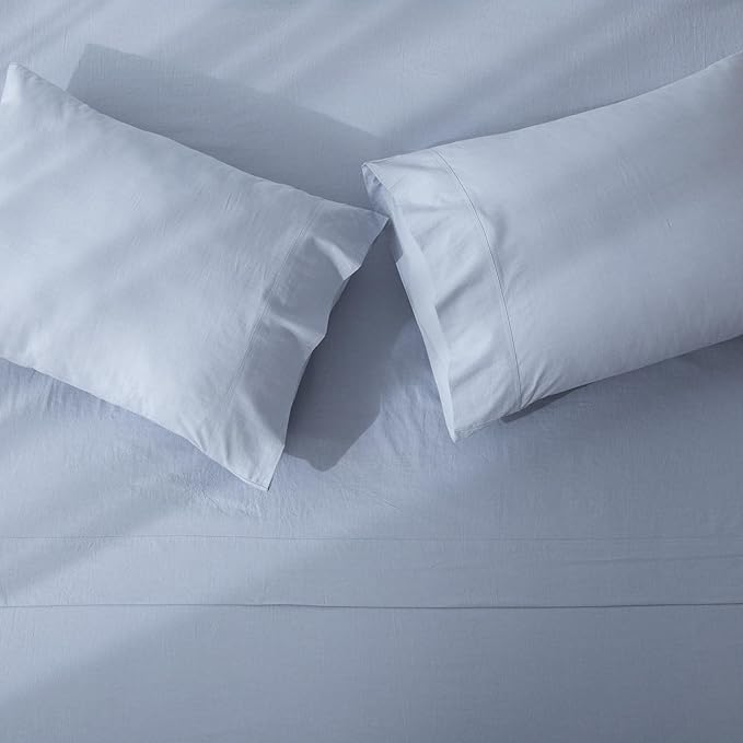 JIYUAN 100% Washed Cotton Sheet Set 4 Pieces Full,1 Fitted Sheet,1 Flat Sheet and 2 Pillowcases,Comfy and Breathable Linen Like Bedding Set,Heathered Light Blue