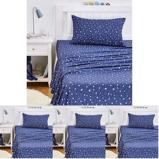 Amazon Basics Kid's Soft Easy-Wash Microfiber 3-Piece Sheet Set,Machine Washable,Twin,Navy Galaxy,(Pack of 4)