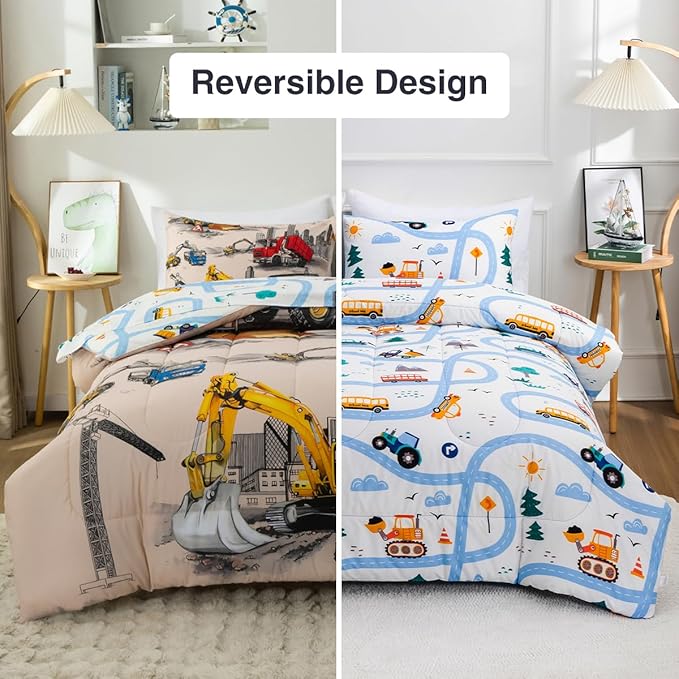 Holawakaka Trucks Tractors Cars Boy Bedding Comforter Set with Sheets, Twin Size Cartoon Construction Car Excavator Print Kids Bed in A Bag 5-Piece, Boys Reversible Dorm Bed Sets (Camel Twin)