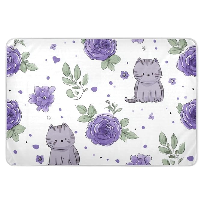 Waterproof Bed Pad Reusable Changing Pad Toddler Mattress Protector Large Pee Pad Baby Diaper Pad Soft Washable Liner Purple Roses and Cute Cats