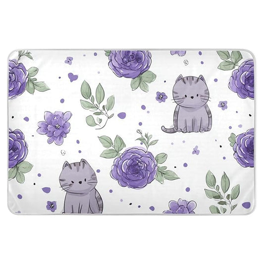 Waterproof Bed Pad Reusable Changing Pad Toddler Mattress Protector Large Pee Pad Baby Diaper Pad Soft Washable Liner Purple Roses and Cute Cats