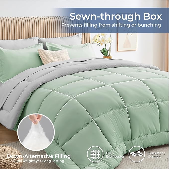 Sasttie Queen Comforter Set, 7 Pieces Bed in a Bag Queen, Complete Bedding Set Includes Comforter, Flat Sheet, Fitted Sheet, Pillowcases and Pillow Shams, Sage & Light Grey