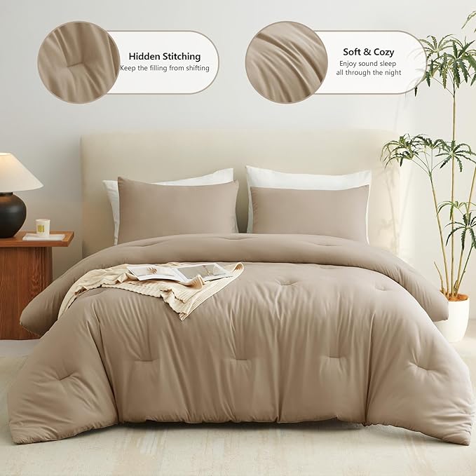 CozyLux King Size Comforter Set Taupe, 3 Pieces Solid Breathable Quilted Style Bedding Sets All Season, Luxury Soft Microfiber Down Alternative Comforter Bed Set (1 Comforter & 2 Pillowcases)