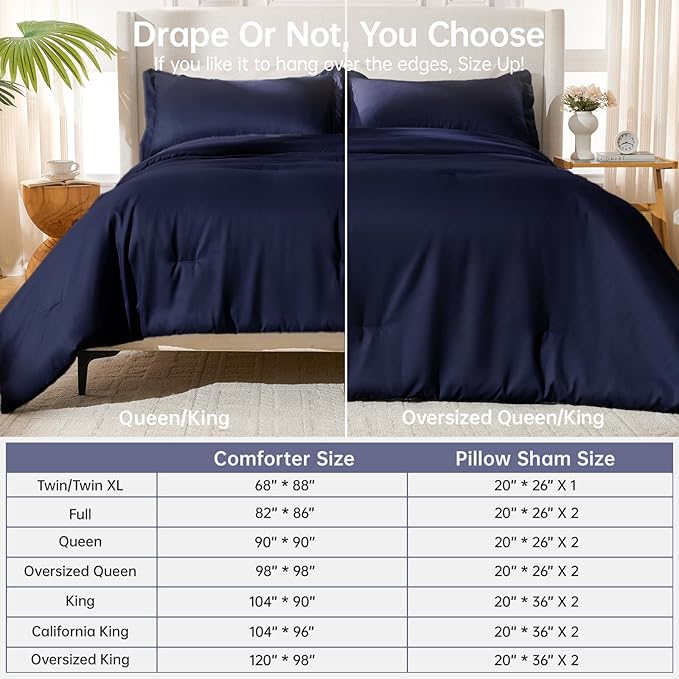 MUXHOMO Oversized Queen Comforter Sets, All Season Ultra Soft Down Alternative Bedding - 3 Piece Lightweight Bed Set Includes 1 Comforter (98"*98") and 2 Pillow Shams (20"x26"), Navy Blue
