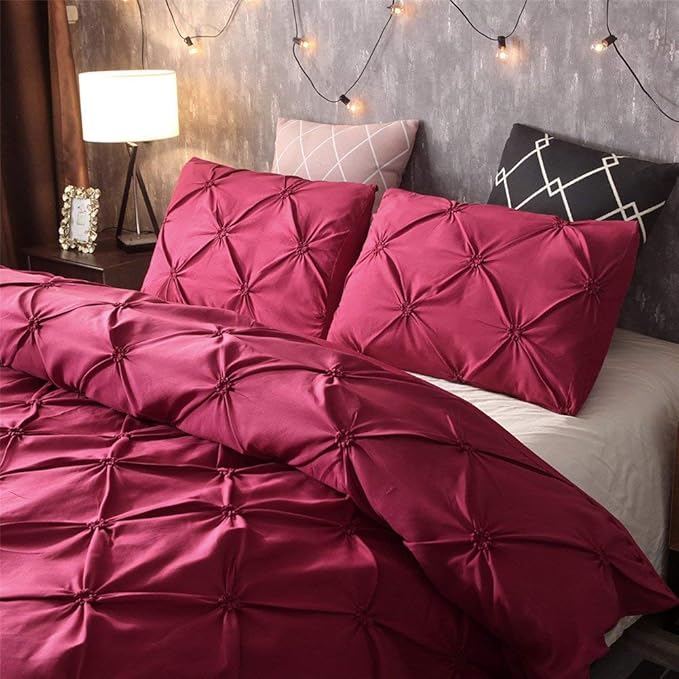 Feelyou Pinch Pleated Duvet Cover with Zipper Closure Pintuck Comforter Cover Set Twin Size Luxurious Pintuck Tufted Bedding Set Solid Red Microfiber Bedspread Cover with 1 Pillow Shams Soft