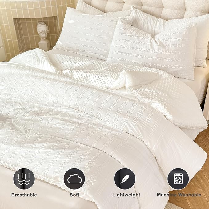 Boho Comforter Set King Size Striped Pleats Bohemian Seersucker Bedding Set All Season Soft Cozy 3 Pieces Quilt with 2 Pillowcases(104"X90" White)