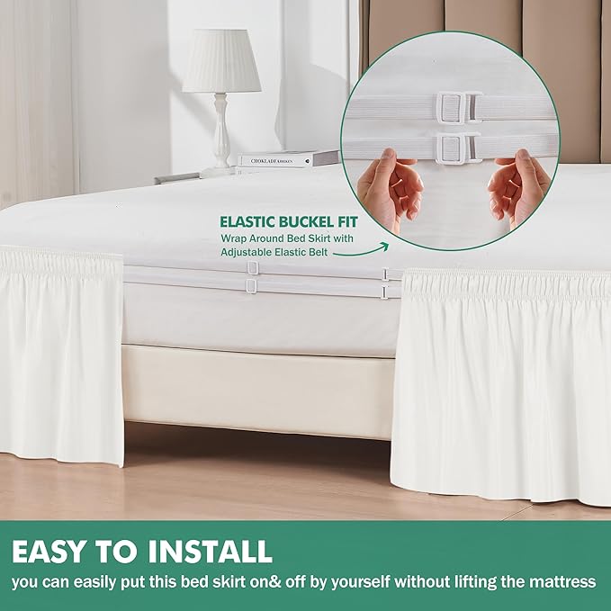 Biscaynebay Wrap Around Bed Skirts with Split Corners for King Beds 16" Drop, Ivory Elastic Dust Ruffles Adjustable Easy Fit Wrinkle & Fade Resistant Silky Luxurious Fabric Machine Washable