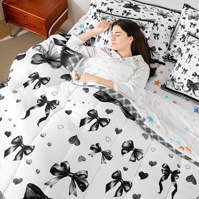 Feelyou Bowknot Comforter Set King Size 7 Pieces Dreamy Princess Bedding Set for Kids Boys Girls Cute Bow Bed in a Bag with Comforter, Sheets, Pillowcases, Cushion Covers Love Hearts Quilted Soft