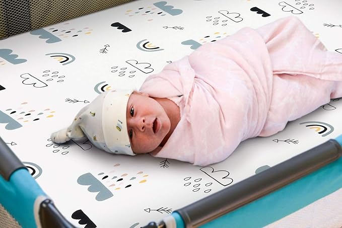GRSSDER Stretchy Ultra Soft Jersey Knit Fitted Pack n Play Playard Sheets Set 2 Pack，Portable/Mini Crib Sheets, Crown and Cloud for Girls and Boys
