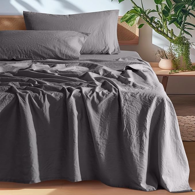 SONORO KATE 100% French Pure Linen Sheets, Breathable and Durable Line Twin Size Sheets, Anti-Tear Line Bed Sheets, Machine Washable, 16 Inch Deep Pocket - 3 Piece (Dark Grey, Twin)