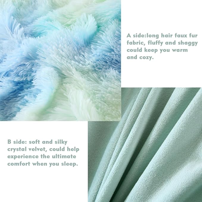 PERFEMET Long Faux Fur Shaggy Comforter Twin 3 Pcs Plush Fluffy Green Tie Dye Bedding Set for Girls Teens Soft Warm Fuzzy Furry Rainbow Bedding Comforter Set(Green, Twin)