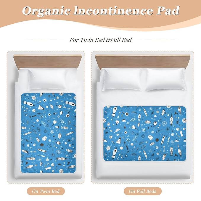 Waterproof Bed Pad Reusable Changing Pad Toddler Mattress Protector Large Pee Pad Baby Diaper Pad Soft Washable Liner Blue Space Doodle Rocket Spacemen