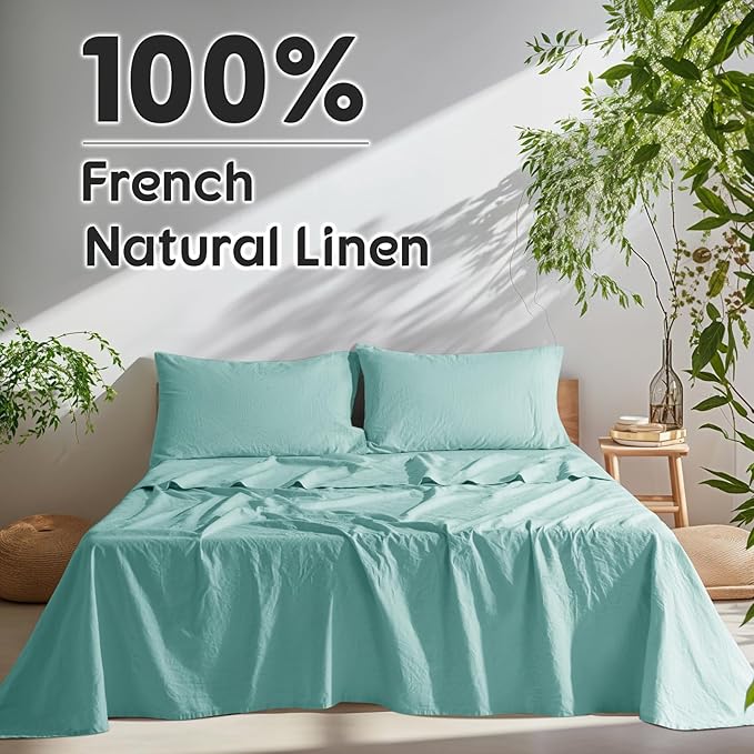 SONORO KATE 100% French Pure Linen Sheets, Breathable and Durable Linen Sheets, Anti-Tear Linen Bed Sheets, Machine Washable, 16 Inch Deep Pocket - 4 Piece (Aqua, California King)