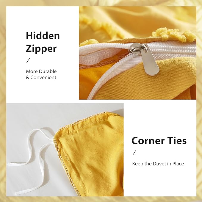 WARMDERN Boho Duvet Cover Set, Tufted Bedding Duvet Covers Soft Washed Microfiber Duvet Cover Queen Size, 3 Pieces Embroidery Shabby Chic Duvet Cover with Zipper Closure(Bright Yellow, Queen)