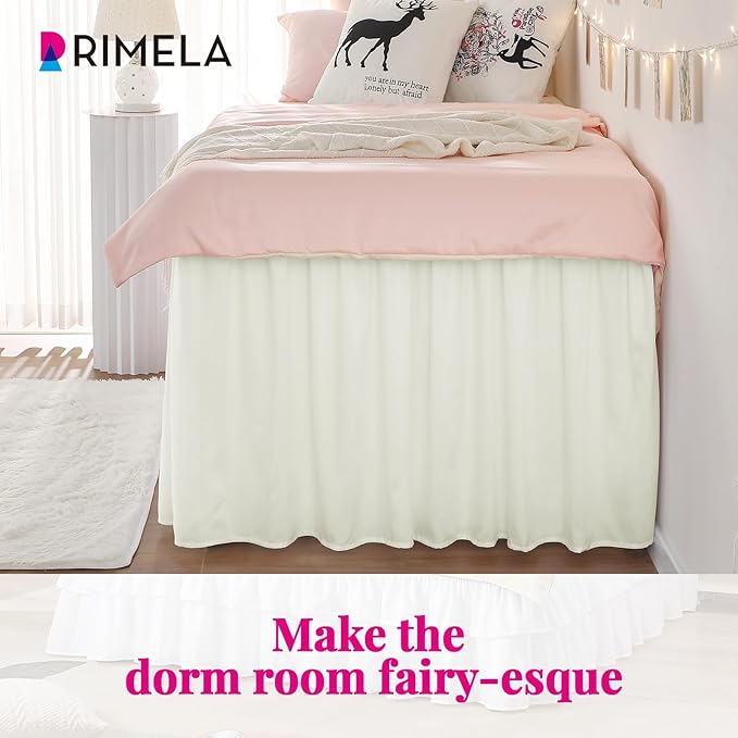 RIMELA Dorm Bed Skirt Twin XL 32 Inch Drop, Easy to Install Extra Long Wrap Around Elastic Dust Ruffle, Cream Bedskirt Solid Silky Fabric Machine Washable (Twin XL 80“L x 39”W & Twin 75“L x 39”W)