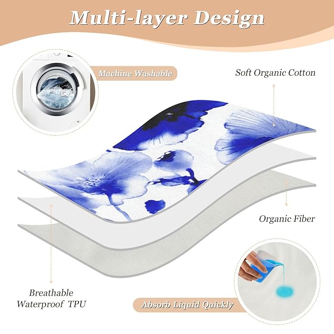 Waterproof Bed Pad Reusable Changing Pad Toddler Mattress Protector Large Pee Pad Baby Diaper Pad Soft Washable Liner Chinese Blue Poppy