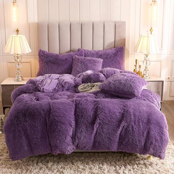 Uhamho Faux Fur Velvet Fluffy Bedding Duvet Cover Set Down Comforter Quilt Cover with Pillow Sham, Ultra Soft Warm (Twin, Purple)