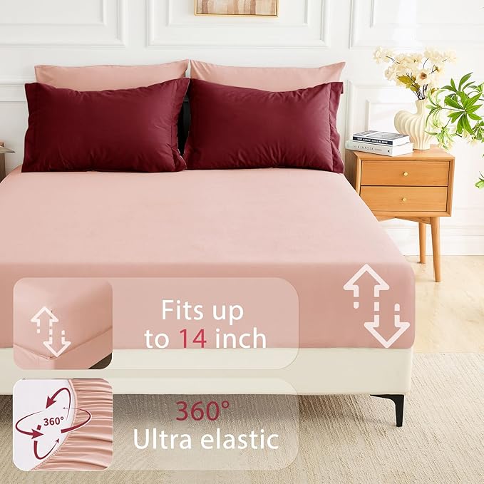 MUXHOMO 7 Pieces Full Comforter Set, Soft Bed in a Bag Full Size, All Season Bedding Set with Comforter, Flat Sheet, Fitted Sheet, Pillowcases & Shams, Burgundy & Rose Gold