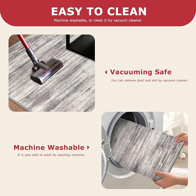 KOZYFLY Modern Abstract Washable Rug Runner 2.6x16 Hallway Rug Runner Non-Slip Soft Kitchen Runner Rugs, Grey-Beige Striped Carpet for Stair Entryway Bathroom Laundry Room Foyer