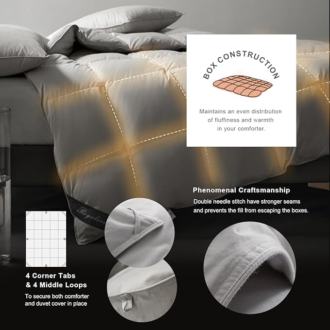 Royoliving King Size Feather Down Comforter Duvet Insert Grey - 100% Organic Cotton Shell - 750 Fill Power Hotel Collection with Corner Loops (106''×90'', White)