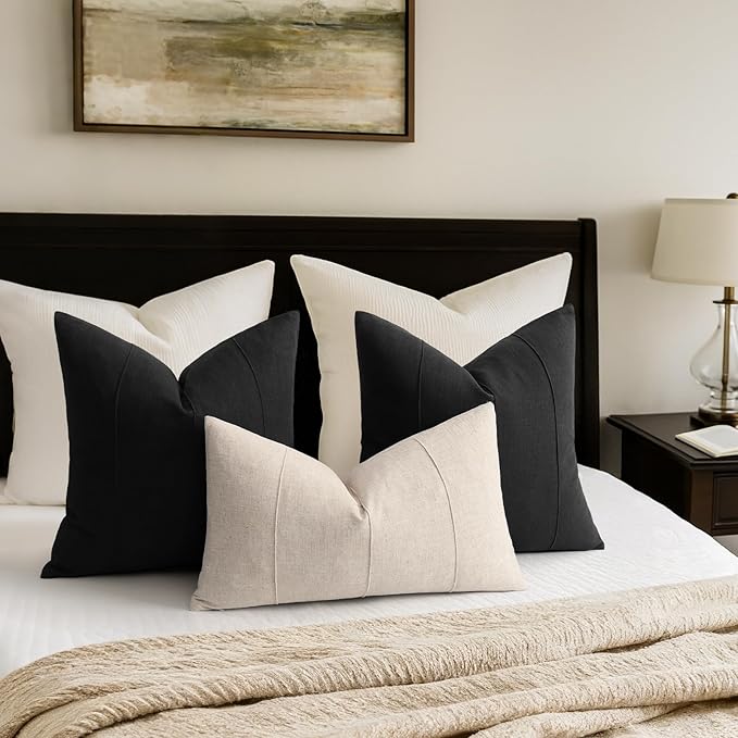 ZWJD Decorative Linen Throw Pillow Covers 20x20 Set of 2 Solid Handcrafted Striped Cushion Covers for Bed Soft Modern Farmhouse Neutral Pillowcase for Couch Bedroom Living Room Home Decor(Black)