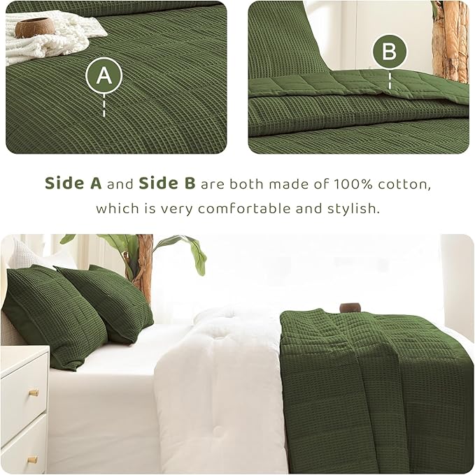Sanracie Cotton Oversized King Bedspread (128"x120"), Olive Green Waffle Weave Quilt Set 3Pcs Extra Large Wide Farmhouse Bedding Set Soft Breathable Aesthetic Bed Coverlet for All Season