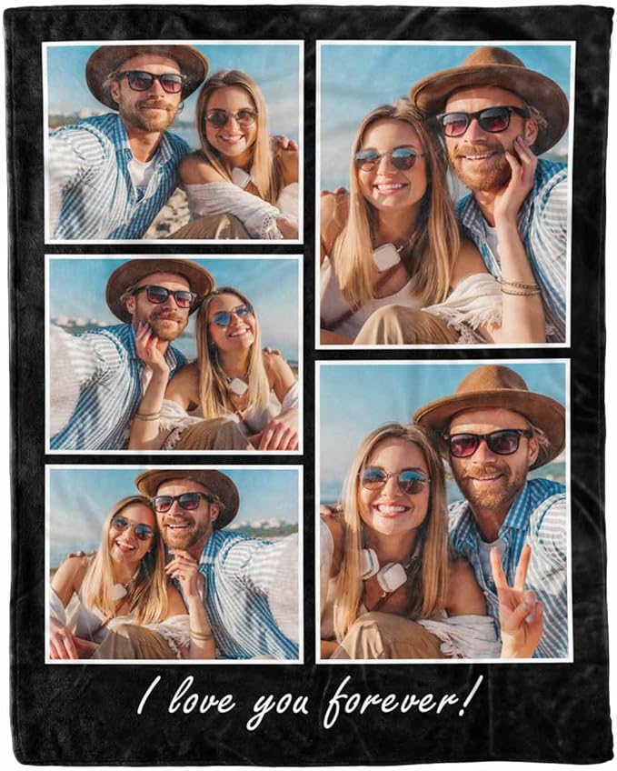 Personalized Picture Collage Blanket, 5 Photos Custom Blanket Personalized Photo Blanket Customized Couple Gifts for Girlfriend Boyfriend Wife Husband, 8 Sizes