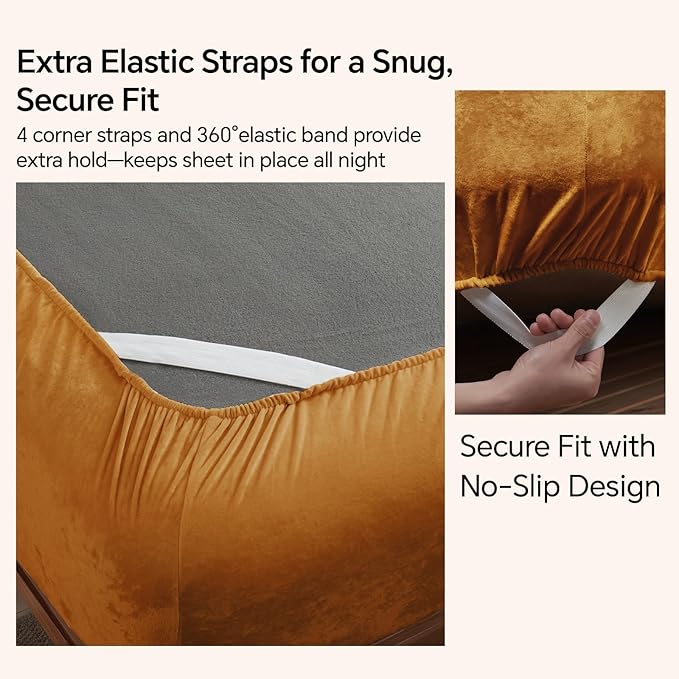 BEDELITE Velvet Fitted Sheet and Pillowcases Set, Luxury Soft Fuzzy Bottom Sheet with Reinforced Elastic Corner Straps, Deep Pocket up to 15", 1 Fitted Sheet and 2 Pillowcases (Queen, Burnt Orange)