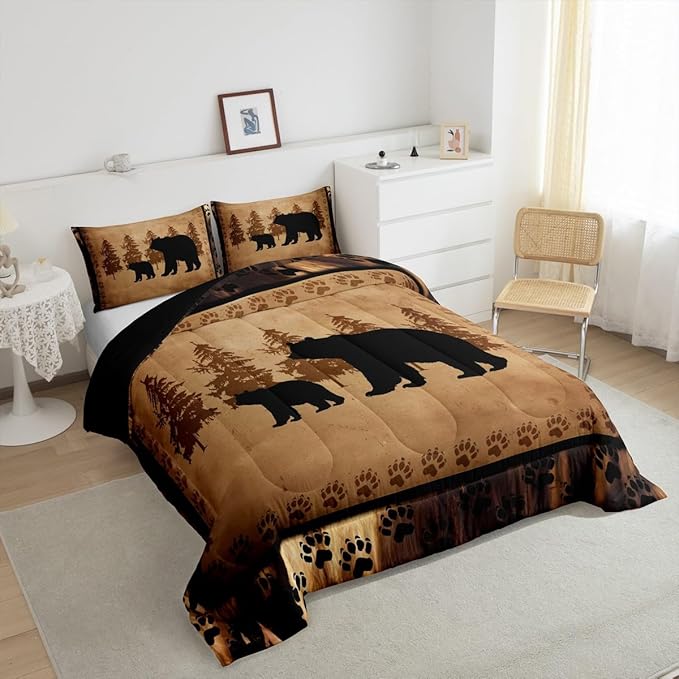 Feelyou Bear Comforter Set Toddler Size Farmhouse Wild Animal Comforter Retro Bear Family Bedding Set for Kids Boys Girls Brown Bear Paws Duvet Set Rustic Bedroom Decor Quilted Set 2Pcs