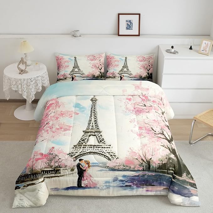 Paris Decor Comforter Set King Girly French Eiffel Tower Bedding Sets For Girls Kids Women Couple Bedroom Pink Cherry Blossoms Duvet Insert Watercolor Paris Tower Comforter Valentine 3 Pieces
