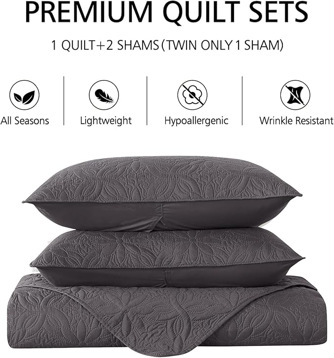 JML Quilts Set, Bedspread Coverlet Set with Pillowcases - 3 Piece Soft and Lightweight Bed Quilt for Spring, Autumn and Summer (Embossed Pattern - Dark Grey, Full/Queen(88"x92"))