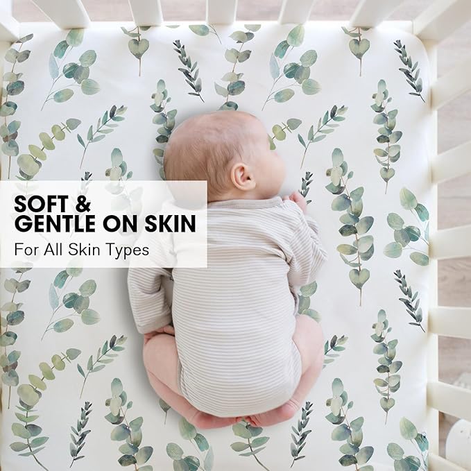 Little Grape Land Pack and Play Sheets Mini Crib Sheets Soft Breathable Pack N Play Sheets, Playard Fitted Sheet 2 Pack Stretchy Fits 38"x26" Playard Mattress, Green Leaves