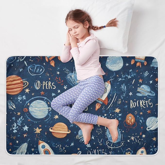 Waterproof Bed Pad Reusable Changing Pad Toddler Mattress Protector Large Pee Pad Baby Diaper Pad Soft Washable Liner Dark Blue Space Rockets Planets Stars