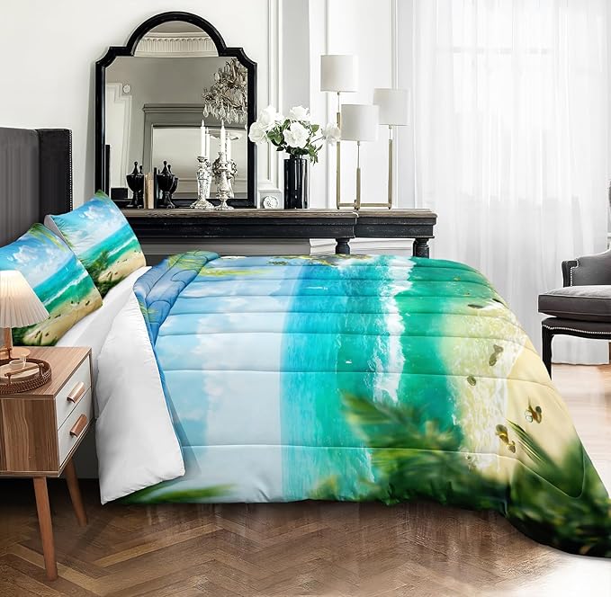 Bedbay Tropical Beach Comforter Set Queen Size Coastal Island Bedding Holiday Hawaii Style Bedding Set Soft Microfiber Summer Lightweight Comforter 4 Pcs Beach Theme Quilt Set for All Seasons