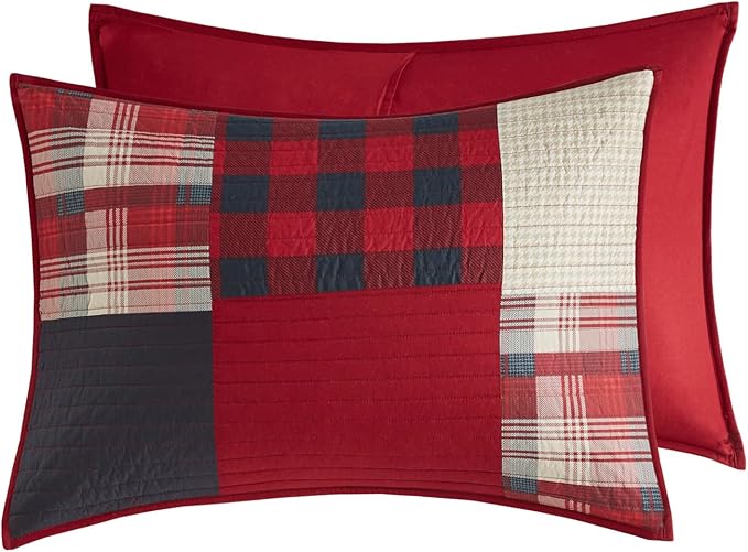 Woolrich Sunset Reversible Quilt Set - Cottage Styling Reversed to Solid Color, All Season Lightweight Coverlet, Cozy Bedding Layer, Matching Shams, Oversized King/Cal King, Plaid Red 3 Piece