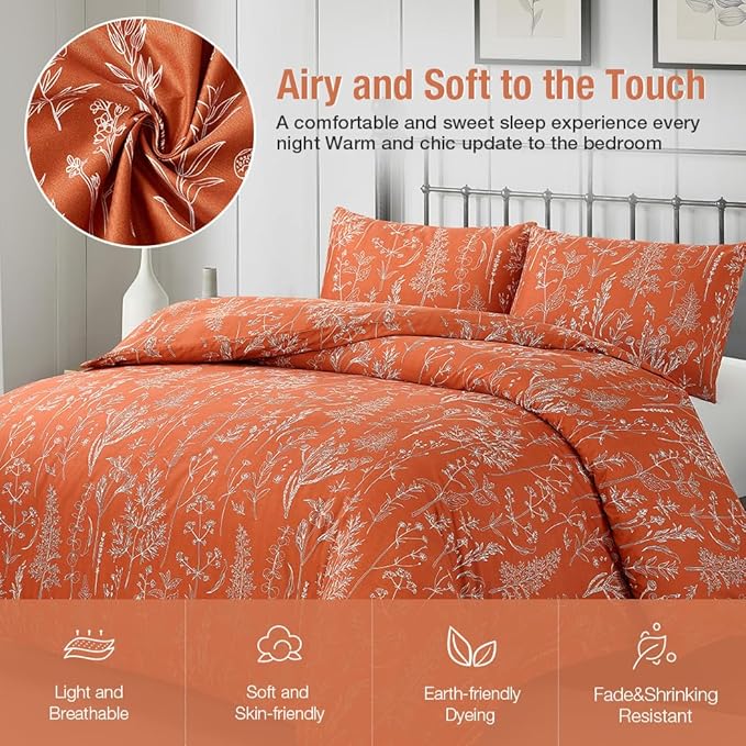 Lekesky Floral Duvet Cover King Size, Burnt Orange Duvet Cover King Plant Flowers Pattern Bedding Set for All Season, Soft Breathable Duvet Cover with Zipper Closure & Corner Ties