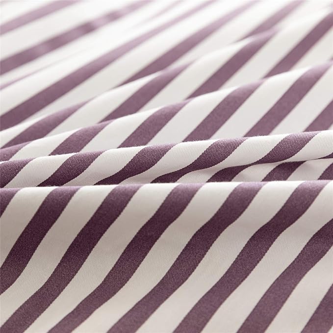 JELLYMONI 100% Natural Cotton 3pcs Striped Duvet Cover Sets,White Duvet Cover with Purple Stripes Pattern Printed Comforter Cover,with Zipper Closure & Corner Ties(King Size)