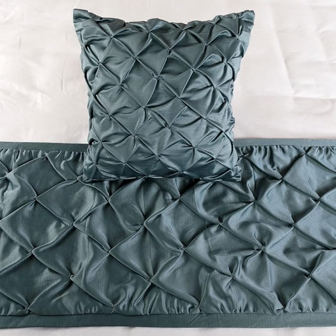 The HomeCentric Decorative Blue Twin 53 x 18 inch Bed Runner with Matching Pillow Cover, Satin Pintucks Bed Scarf, Solid Color Modern - Satin Nights
