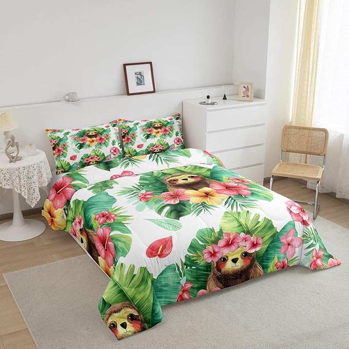 Erosebridal Cartoon Sloth Comforter Set Kawaii Sloth Bedding Palm Leaf Cherry Blossom Monstera Quilt Hawaiian Tropical Leaf Animal Duvet Insert for Kids Boys Girls, 3Pcs King Size
