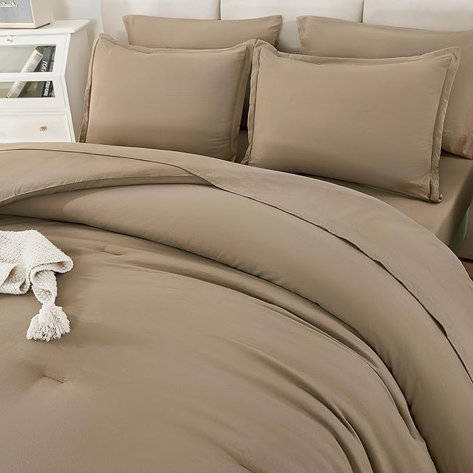 Litanika Oversized Queen Size Comforter Set Taupe - 7 Pieces Bed in a Bag Oversized Beddding Sets, Solid Lightweight Bed Set with Comforter, Sheets, Pillowcases & Shams