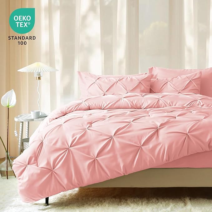 JOLLYVOGUE Twin Comforter Set 5 Pieces - Bed in a Bag Twin for All Season, Pintuck Bedding Comforter Sets with Comforter, Flat Sheet, Fitted Sheet and Pillowcases & Shams, Pink