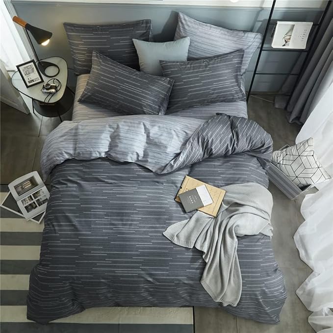 Striped Comforter Set King Size Grey Striped Bedding Comforter 3 Pieces King Comforter Set 1 Stripe Comforter with 2 Pillowcases Geometric Stripes Fluffy Microfiber Comforter King for All Seasons