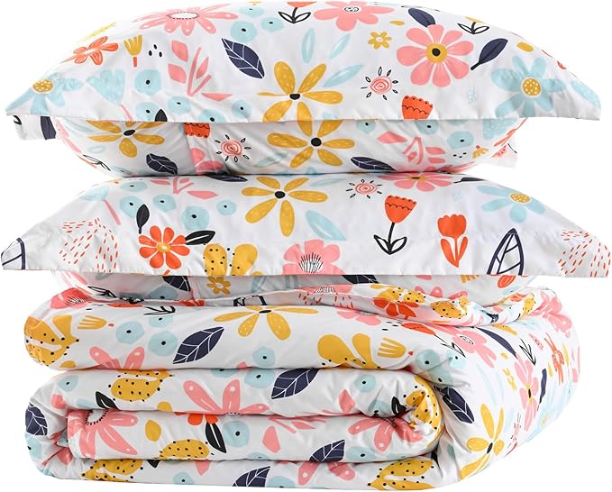Yibeizi Floral Comforter Set for Girls Twin, Kids Cute Printed Bedding Set with Pillow Sham, Lightweight Soft Breathable Machine Washable Quilted Bed Comforter Set 2 Piece