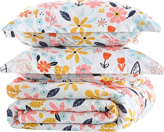 Yibeizi Floral Comforter Set for Girls Full Size, Kids Cute Patterned Bedding Set with Pillow Sham, Lightweight Soft Breathable Machine Washable Quilt Bed Comforter Set 3 Piece