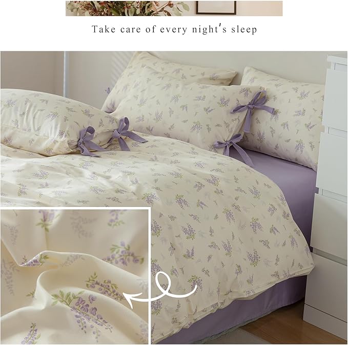 HighBuy Botanical Floral Duvet Cover Queen Boho Duvet Cover Set Soft Cotton Coquette Bedding White Duvet Cover Comforter Cover Vintage,Soft Cotton Queen Bedding Set with 2 Bowknot Bow Tie Pillowcases