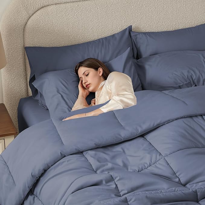 Anluoer Queen Comforter Set 7 Piece, Grayish Blue Bed in a Bag with Sheets, Comforters Queen Size Bedding Sets with 1 Comforter, 2 Pillow Shams, 2 Pillowcases, 1 Flat Sheet,1 Fitted Sheet