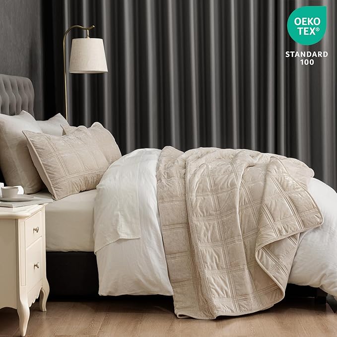 PHF Ultra Soft Velvet Quilt Set Twin Size – 2PCS Luxurious Cozy Quilted Comforter Alternative with Diamond Pattern, Warm Quilted Bedspread Coverlet, 68" x 92", Oxford Tan